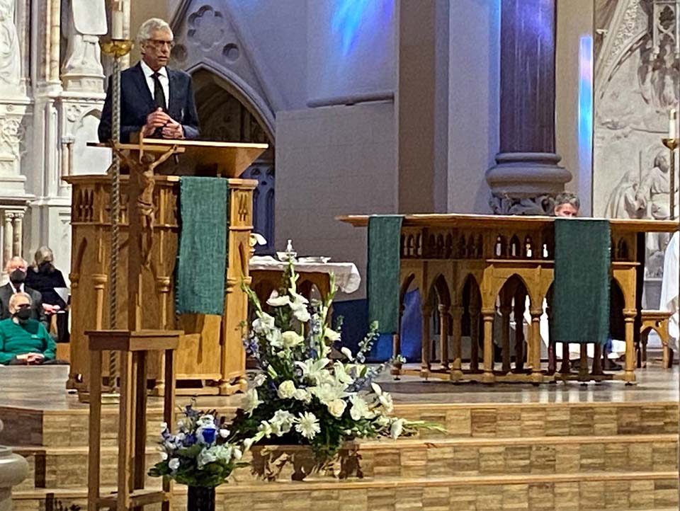 University President Fred P. Pestello, Ph.D., speaks during the memorial Mass for Mary A. Bruemmer on Saturday, Feb. 26. 