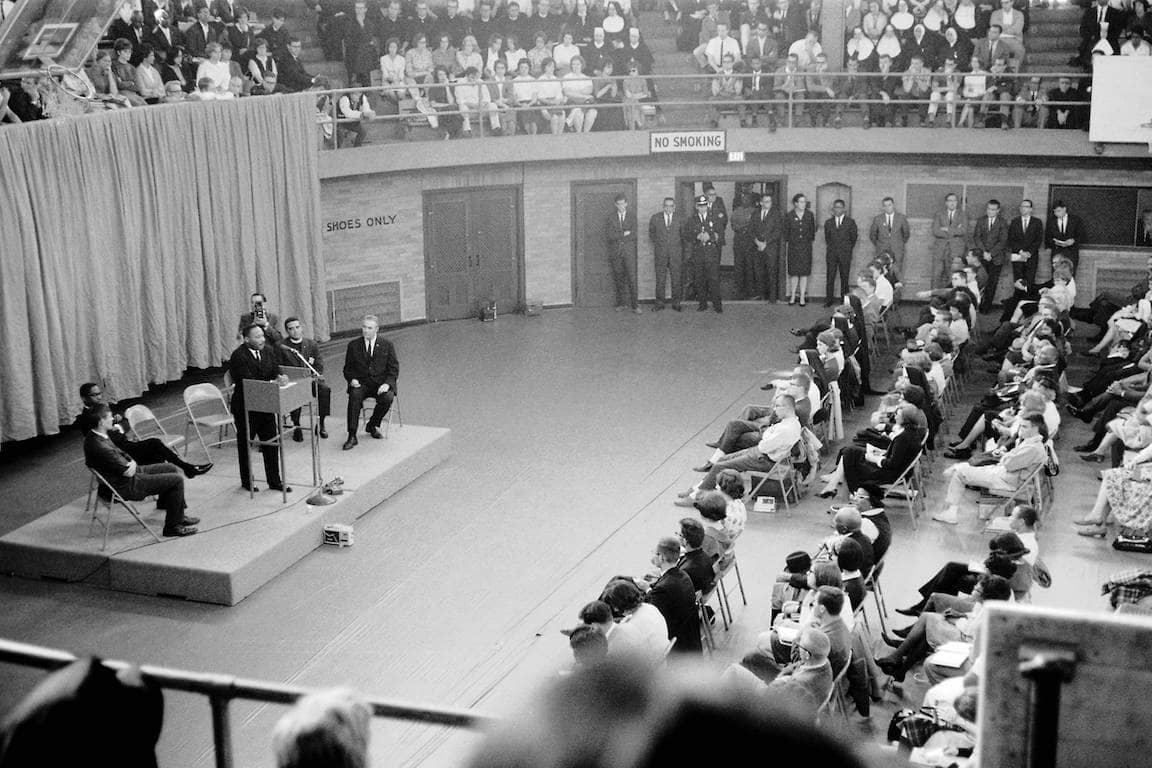 Martin Luther King Jr. speaks in the former West Pine Gym.