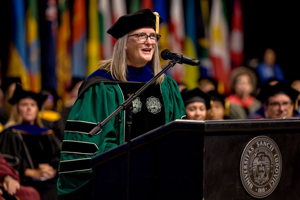 Molly Schaller, Ph.D, Associate Dean of the School of Education, addresses the class of 2027 during Convocation at Chaifetz Arena on August 19, 2023.