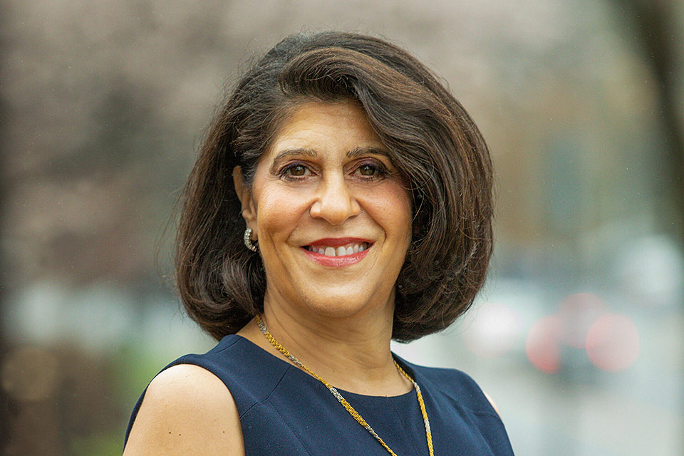 Nadine Alameh, Ph.D., the newly appointed inaugural executive director of the Taylor Geospatial Institute. She is wearing a navy blue top and a gold necklace. 