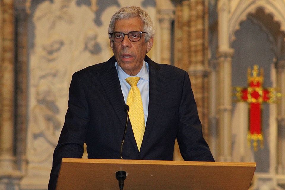 University President Fred P. Pestello, Ph.D., delivered remarks during a prayer service for peace Monday, March 7, at St. Francis Xavier College Church. Photo by Joe Barker. 
