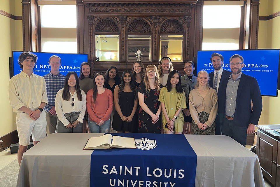 The Saint Louis University Chapter of Phi Beta Kappa (PBK) held its induction ceremony on Wednesday, April 26 in Queen's Daughters Hall, adding 15 new students to its rolls.
