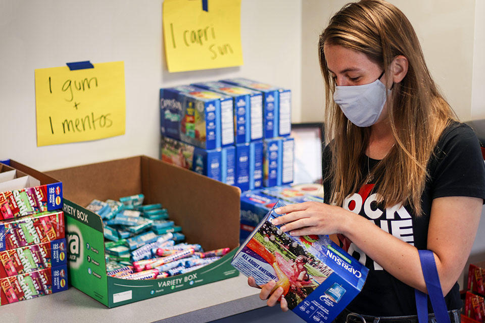 Students build care packages for fellow Billikens in quarantine and isolation housing.