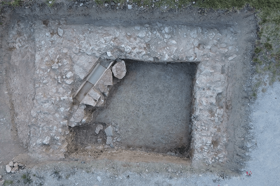 An aerial photo of three ancient walls believed to be a temple for an imperial cult, the largest discovered in the world.