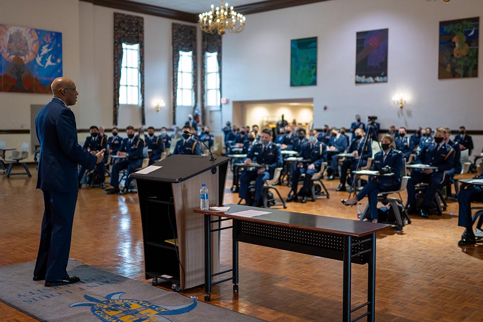 Air Force Chief of Staff Gen. Charles Q. Brown, Jr. speaks to Air Force Reserve Officer Training Corps Detachment 207 cadets during a leadership laboratory at Saint Louis University April 28, 2021. 