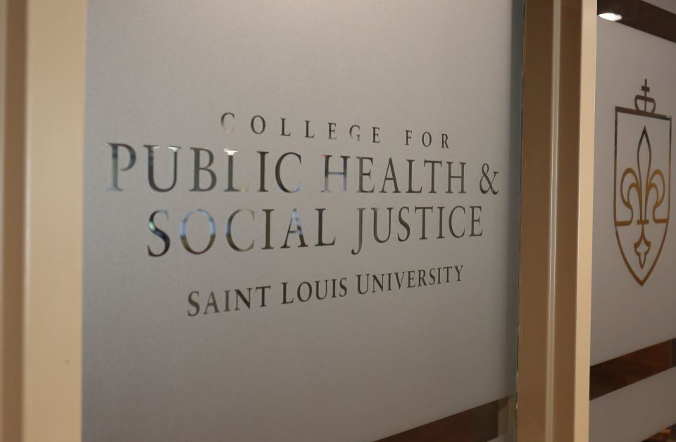 A photo of the entrance to the College for Public Health and Social Justice inside the Salus Center. 