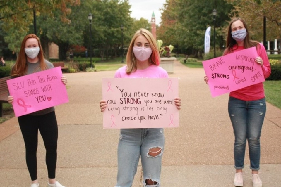 Members of SLU's chapter of Zeta Tau Alpha take part in this year's Sista Strut Virtual Celebration on Saturday, Oct. 3, near SLU's Clock Tower.