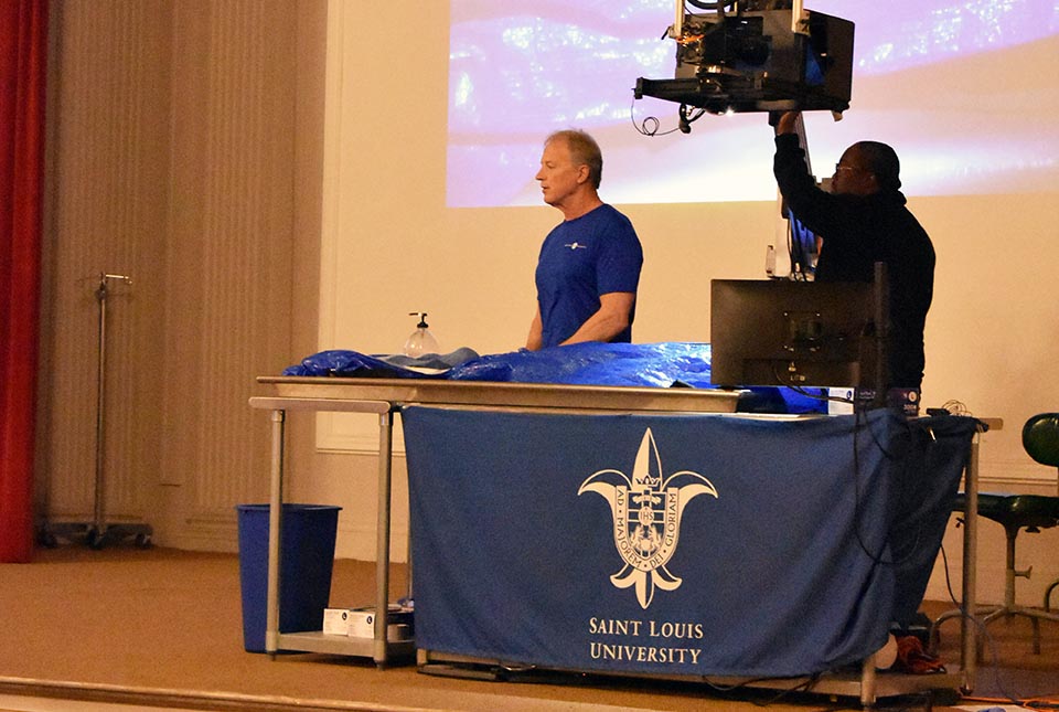 Ray Vollmer, Education Specialist with the AIMS program and Douglas Williams, Technology Specialist took the stage during the Saturday Scholars program event at SLU on Saturday, Feb. 25. Photo submitted.