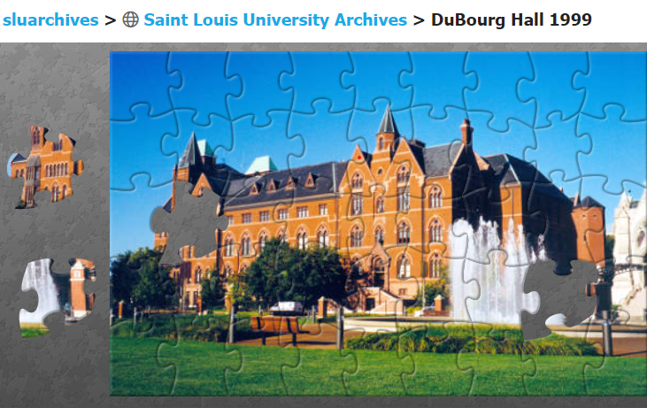A view of the first SLU-themed digital jigsaw puzzle created from a 1999 photo of DuBourg Hall.