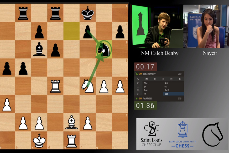 Caleb Denby and SLU’s Nigarhan “Naycir” Gurpinar, a student in the College of Arts and Sciences who is a fixture in the world of chess provide virtual commentary on play at the 2020 National Collegiate Rapid and Blitz Tournament.