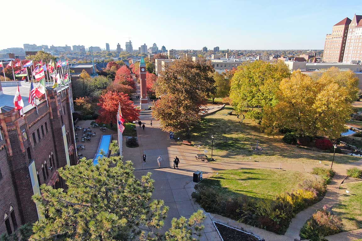 SLU's clock tower is located in a beautiful part of campus.