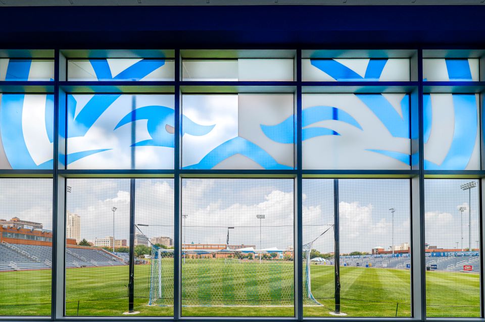 An image of Robert Hermann Stadium from inside the SLU locker room.