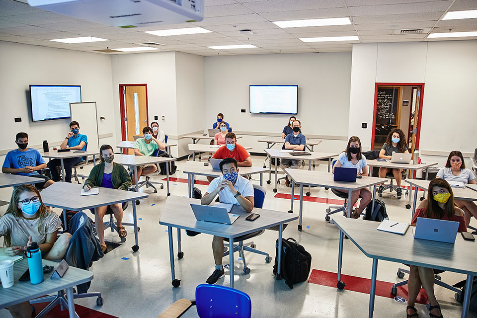 Students in a socially distanced classroom on the first day of fall 2020 classes.