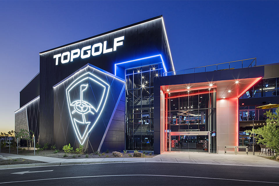 An artist's rendering showing the entrance to the new Topgolf building near SLU will look like.