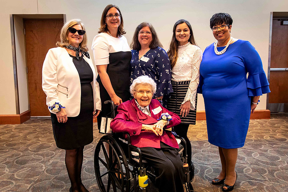 (From left to right) The Women's Commission's 2019 honorees Karen Myers, Ph.D., Danielle Uy, J.D., Dame Mary Bruemmer (seated), Donna LaVoie, Ph.D., graduate student Sadita Salihovic and Regina Walton. Ghazala Hayat, M.D. (not pictured) was also honored as a SLU Woman of the Year. Submitted photo