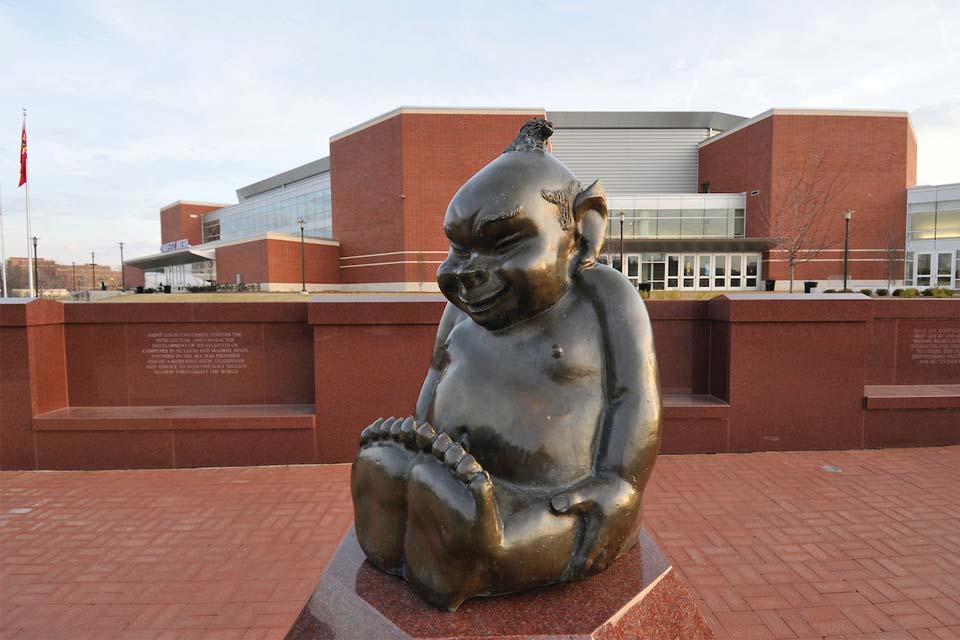 Billiken statue outside of Chaifetz Arena