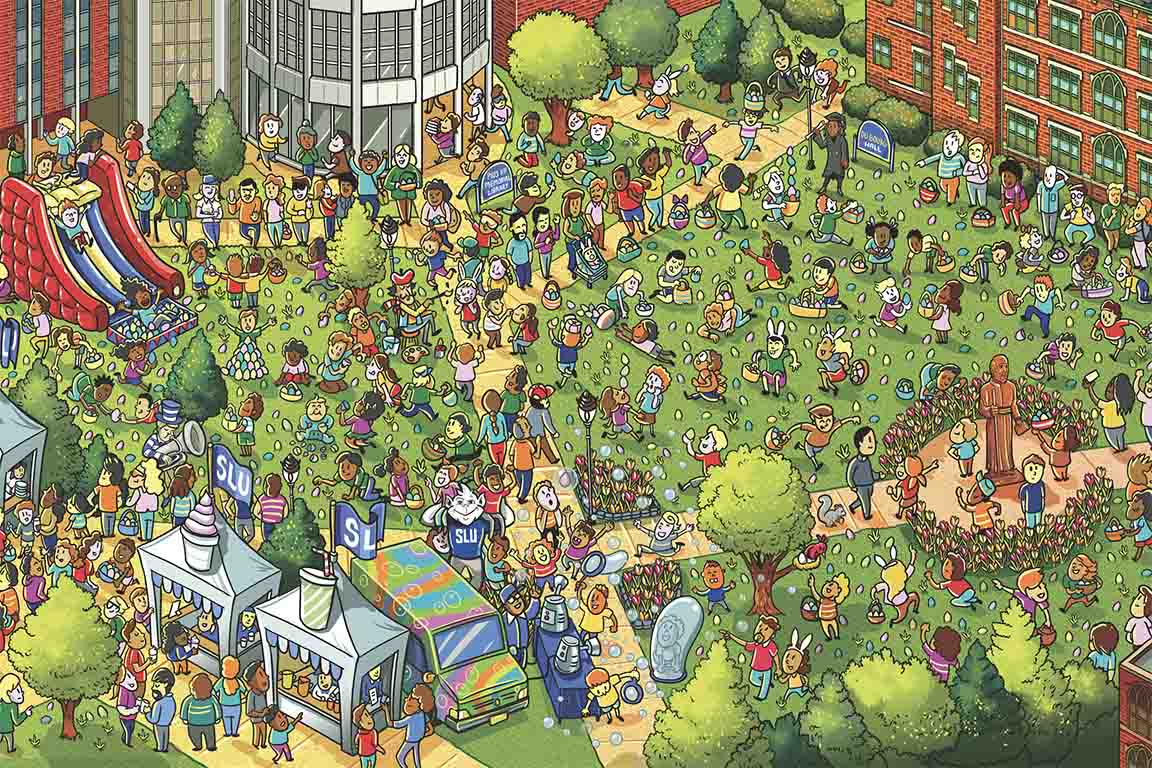 Seek and find drawing of egg hunt on SLU quad