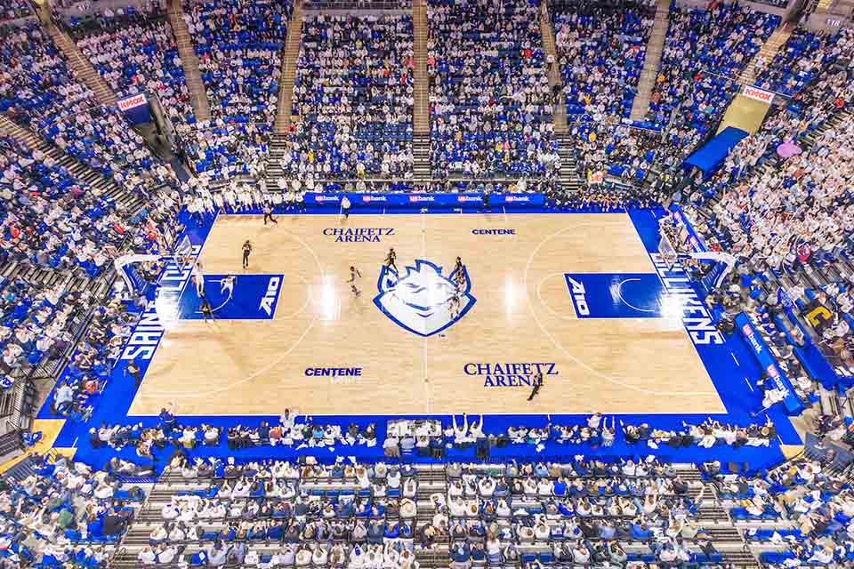 Chaifetz Arena during a basketball game from above during a game where all participants wear white