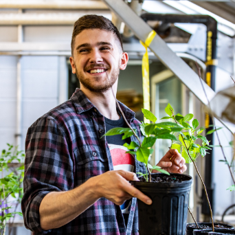 A biology student studies a plant in one of the University's greenhouses