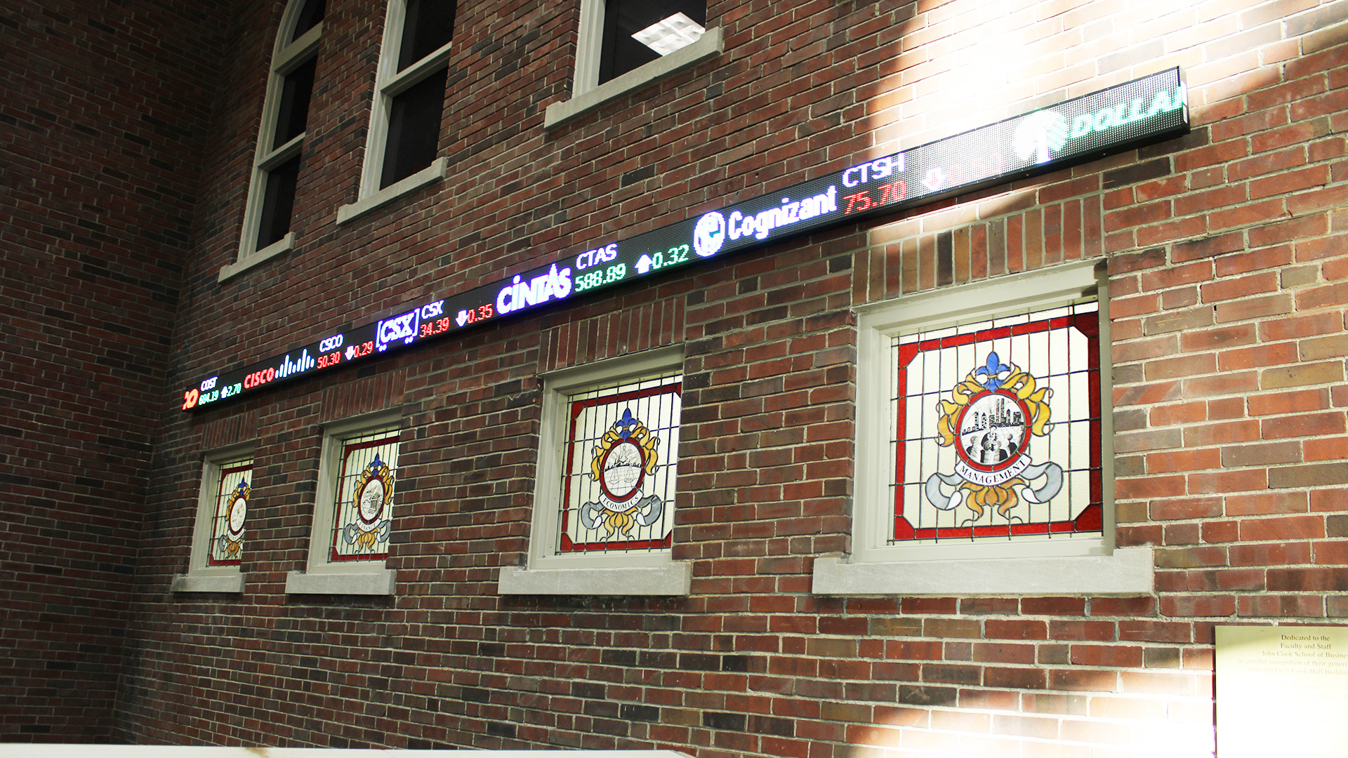 The stock ticker in the Cook Hall Atrium.