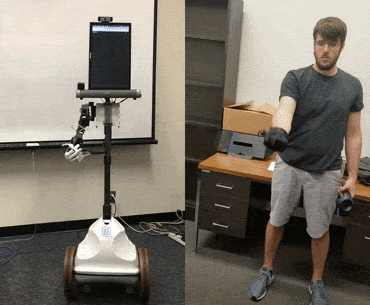 Telerobotics demonstration. A human and robot are shown side-by-side replicating the other's movement.