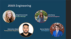 Graphic reading JAWA Engineering: Abdulrahim Alhajaji, Julie Gaona, Abigail Grunenwald, Warren Radford with pictures of each student