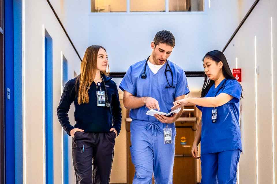 SLU health sciences students review notes while walking down a hallway in a building