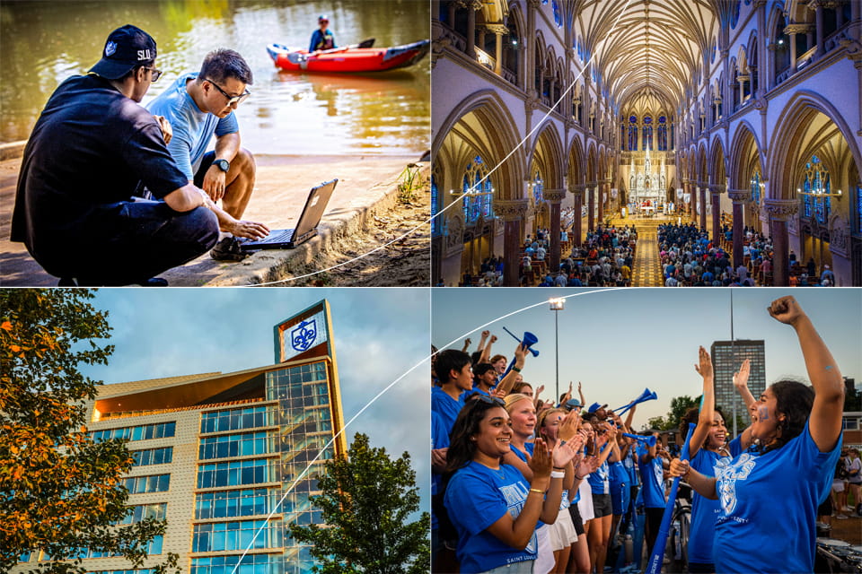 Decorative 2 × 2 grid of SLU campus images, including the interior of College Church with its flying buttress ceiling supports, a group of students cheering in SLU shirts, two students conducting research near a pond, and an exterior view of the Doisy Research Center. The arrangement matches the cover of the Strategic Plan PDF. 