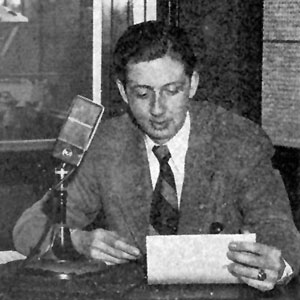 WEW radio announcer Cliff Lancot at the microphone. (1946)