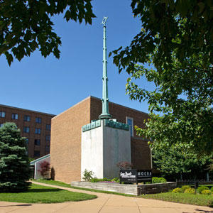 The exterior of MOCRA, located in the former chapel of Fusz Hall.