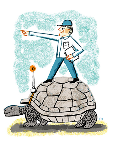 Illustration of a man standing on a tortoise