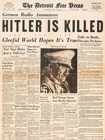 The front page of The Detroit Free Press from May 2, 1945, announcing Hitler had been killed