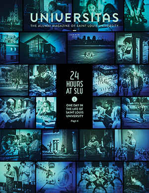 The cover of the 2023 summer issue of Universitas magazine, with a grid of photos overlaid in green showing 24 hours at SLU.