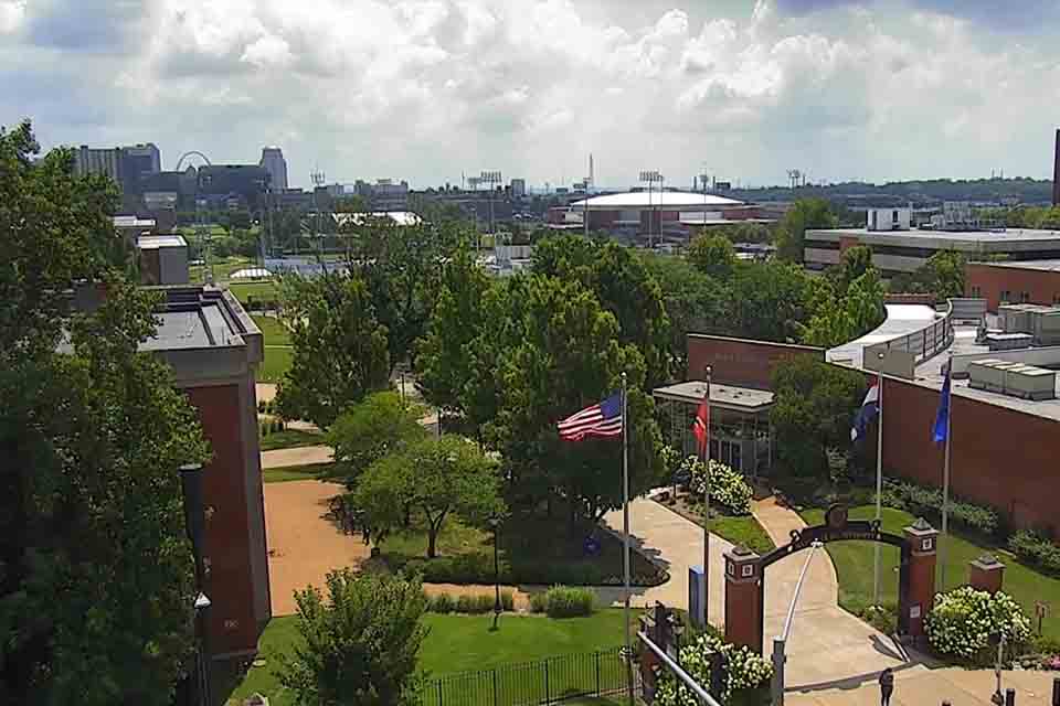 View of the Busch Student Center looking east at SLU's campus with the arch in the background