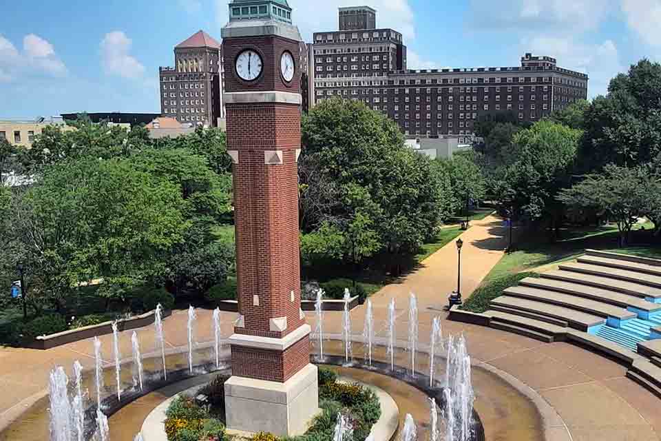 View from the clock tower web camera showing a fountain and stairs